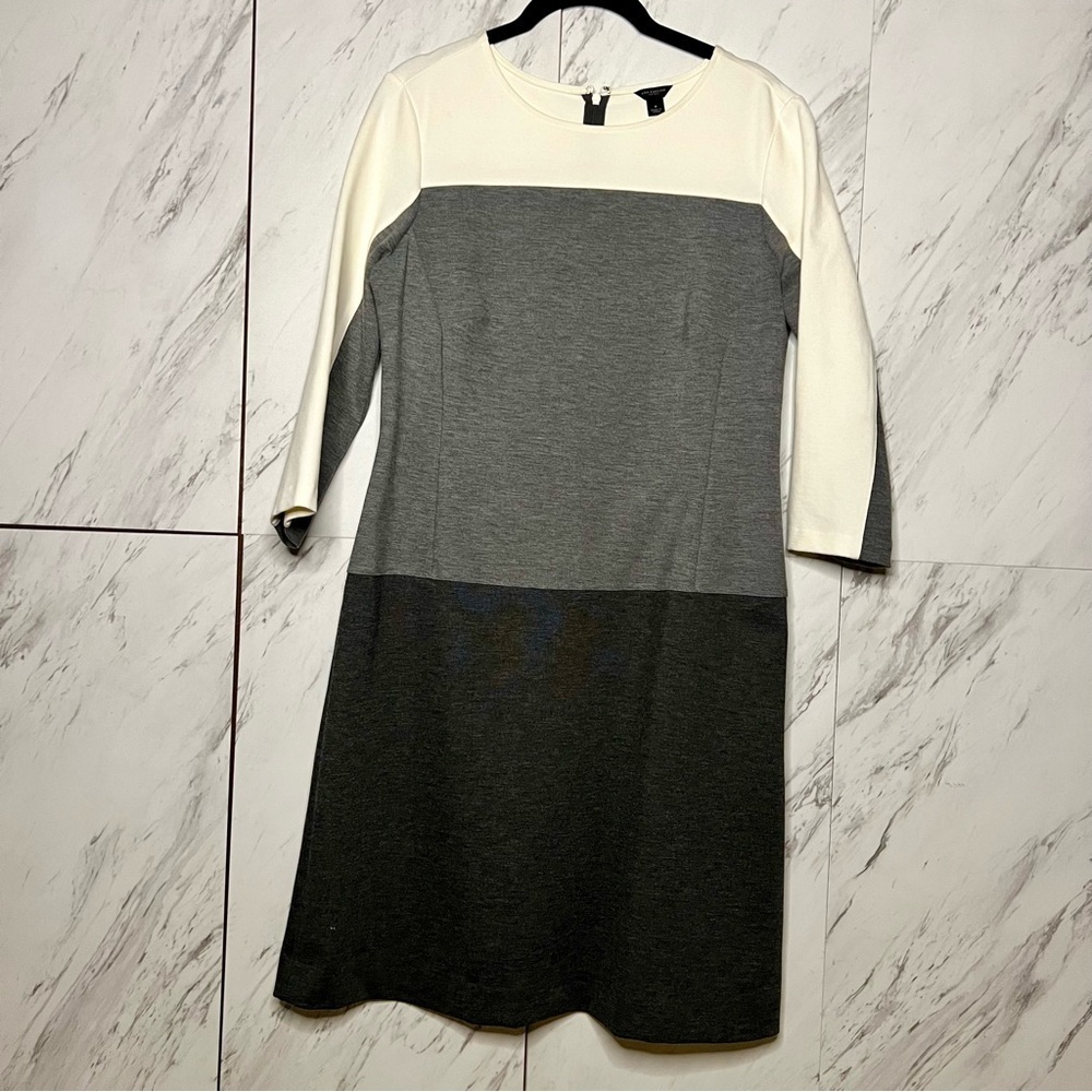 Ann Taylor White Gray Color Block Ponte Knit Stretch Sheath Dress SZ 8